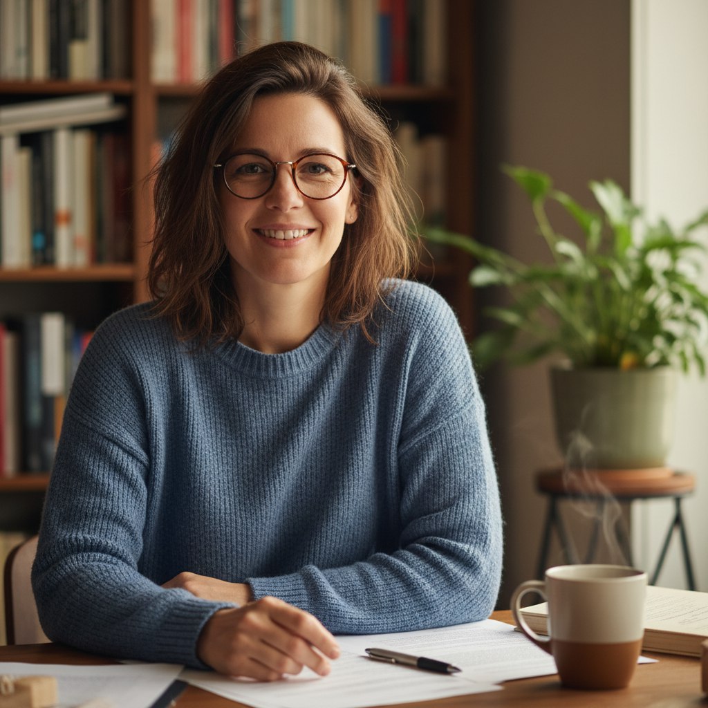 Изображение молодой девушки в очках на фоне стеллажа с книгами и комнатным горшечным цветком, девушка сидит за столом, на столе тетрадь с ручкой и чашкой кофе