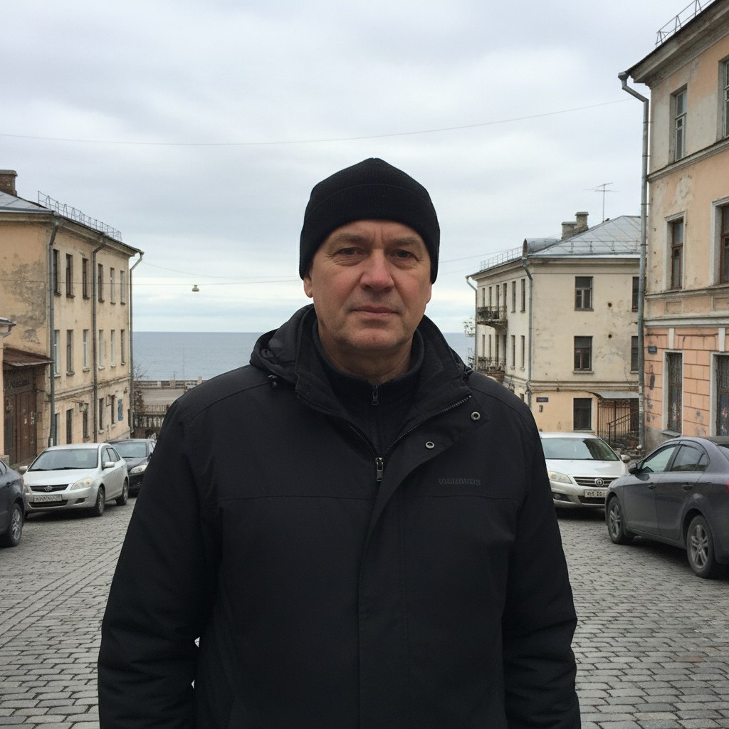 Изображение мужчины на фоне городского пейзажа г. Владивостока и японских автомобилей