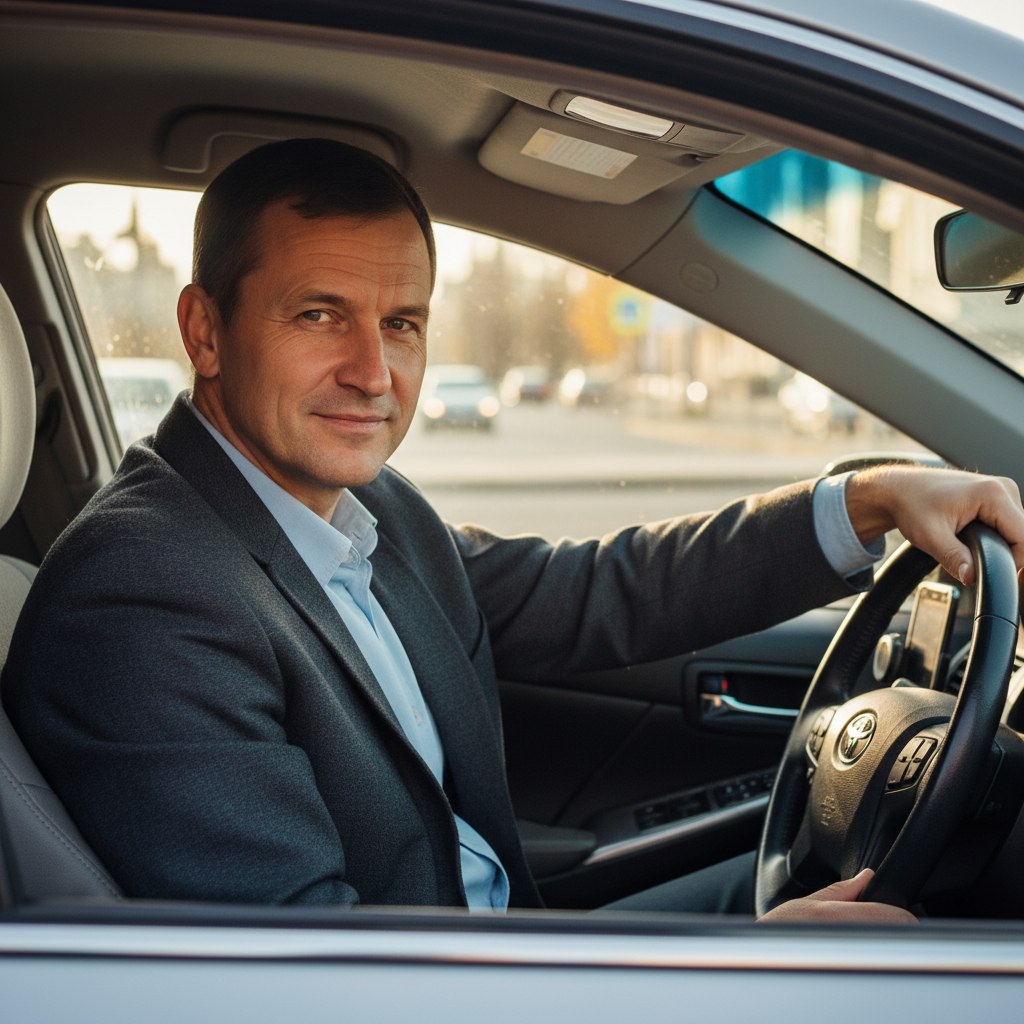 Изображение делового мужчины в костюме за рулем японского автомобиля, на заднем фоне городской пейзаж г. Владивосток