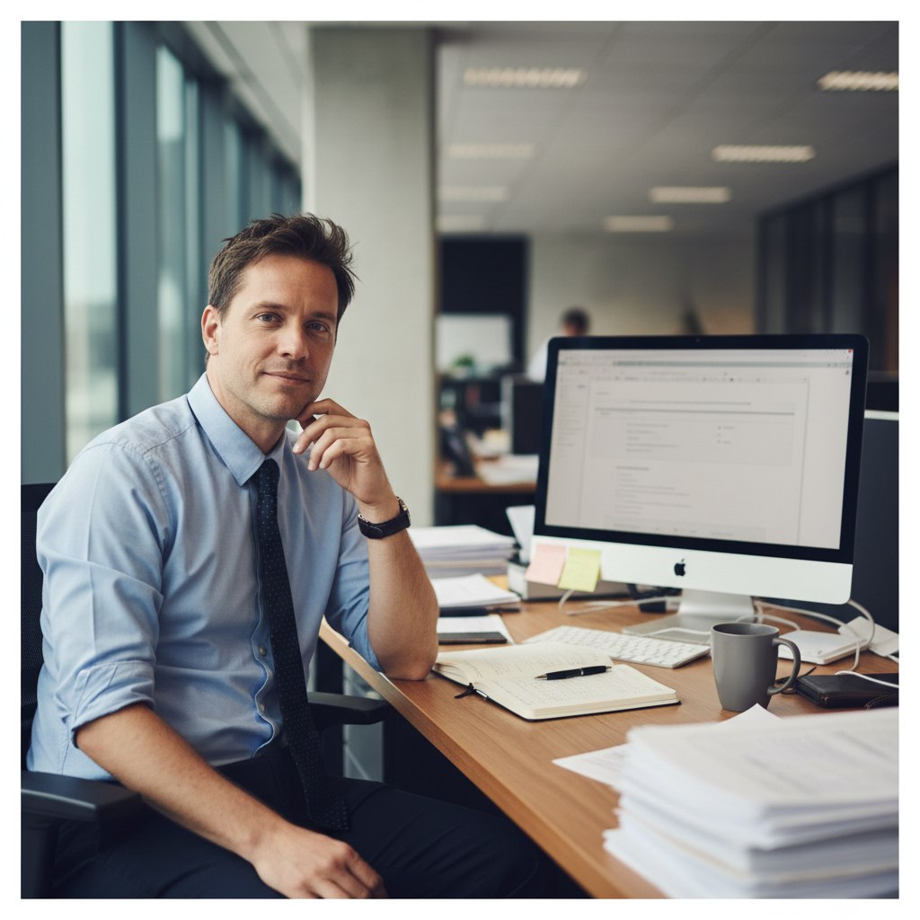 Изображение делового мужчины на рабочем месте, за столом с компьютером, документами и кофе