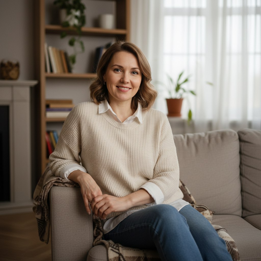 Изображение женщины в светлом свитере на диване в гостиной