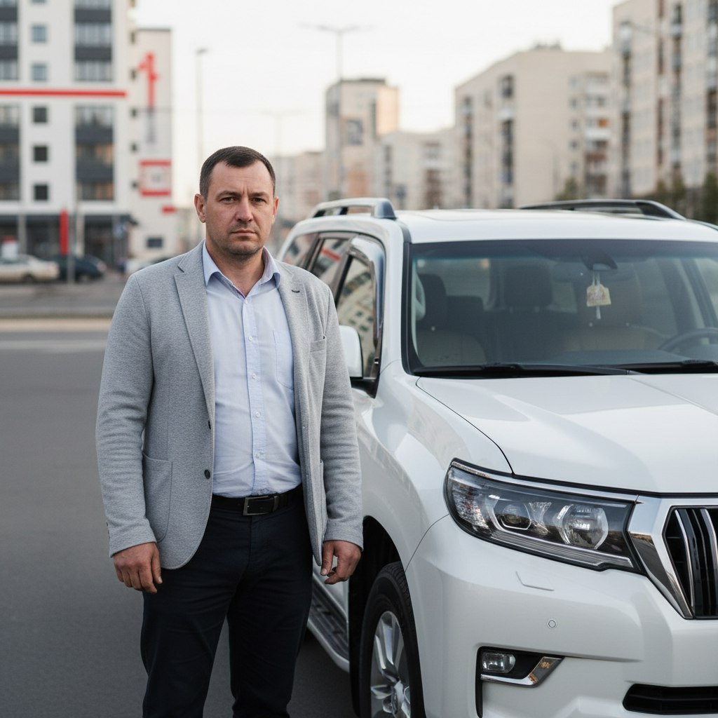 Изображение мужчины в пиджаке на фоне белого автомобиля. на заднем плане городской пейзаж