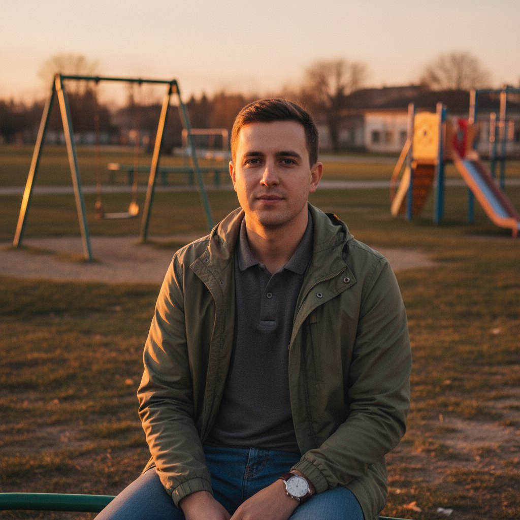 Изображение мужчины, мужчина сидит, на заднем фоне изображена детская площадка
