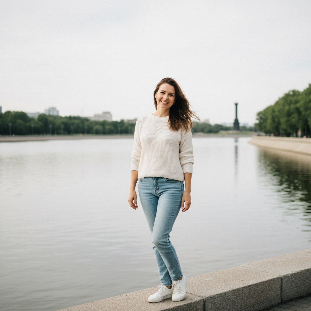 Изображение молодой женщины в белом свитере, женщина стоит. На заднем фоне изображена река