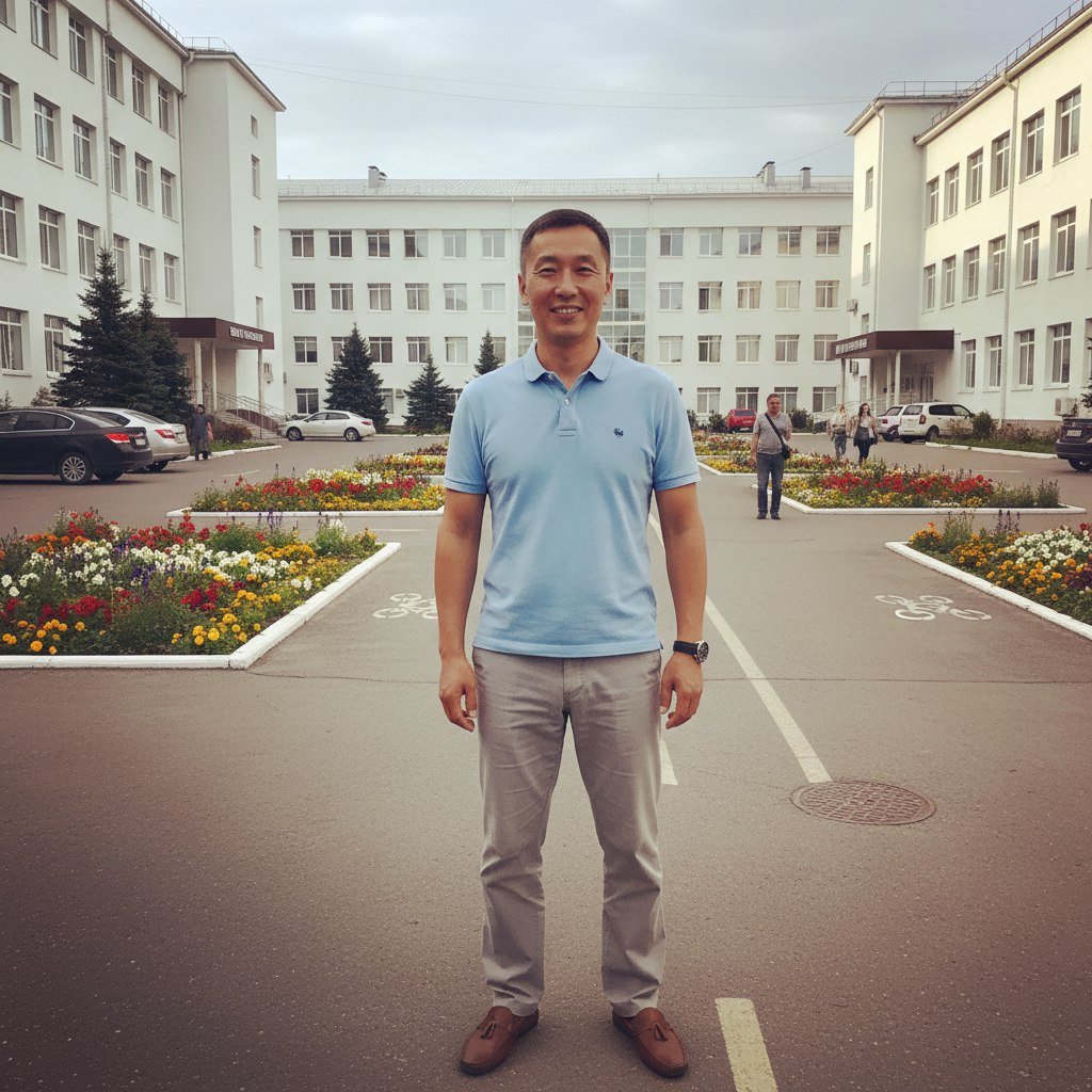 Изображение мужчины который улыбается, мужчина стоит, на заднем фоне изображена школа