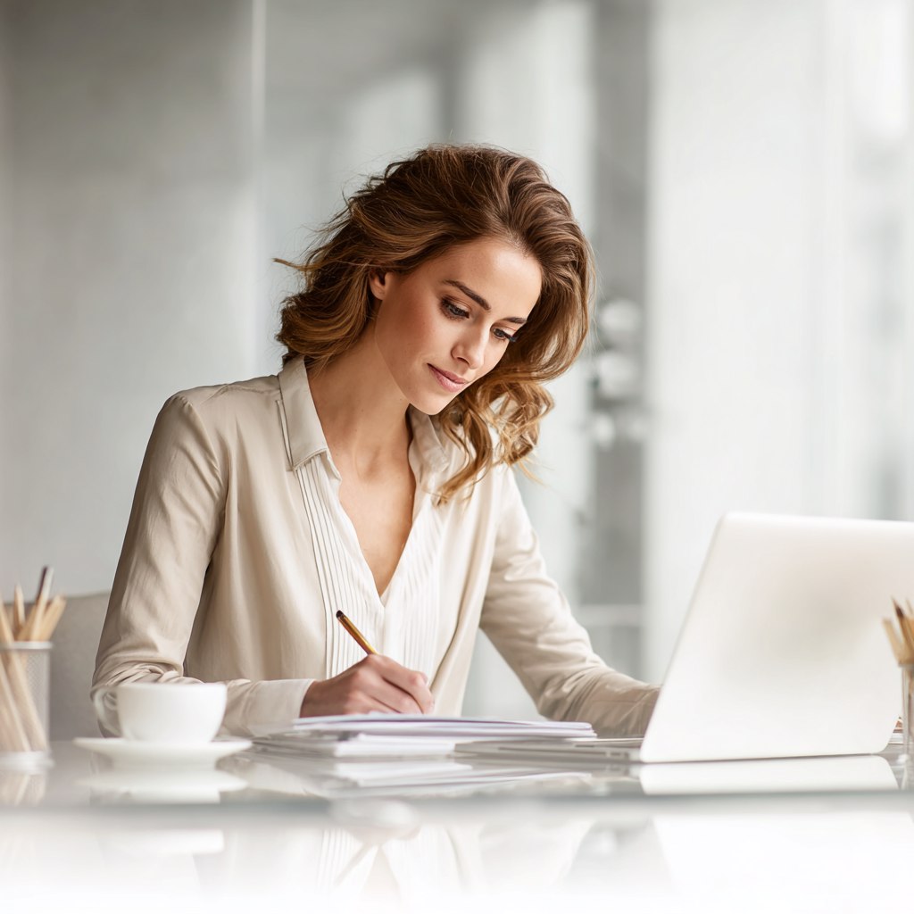 Изображение молодой женщины заполняющей заявление на обучение, сидящей за столом с ноутбуком и чашкой кофе