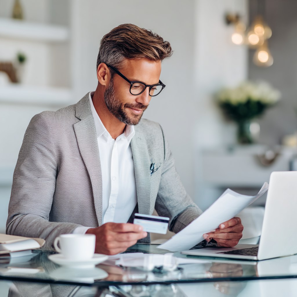 Изображен деловой мужчина, в руках банковская карта и договор на обучение, мужчина сидит за столом с ноутбуком и чашкой кофе