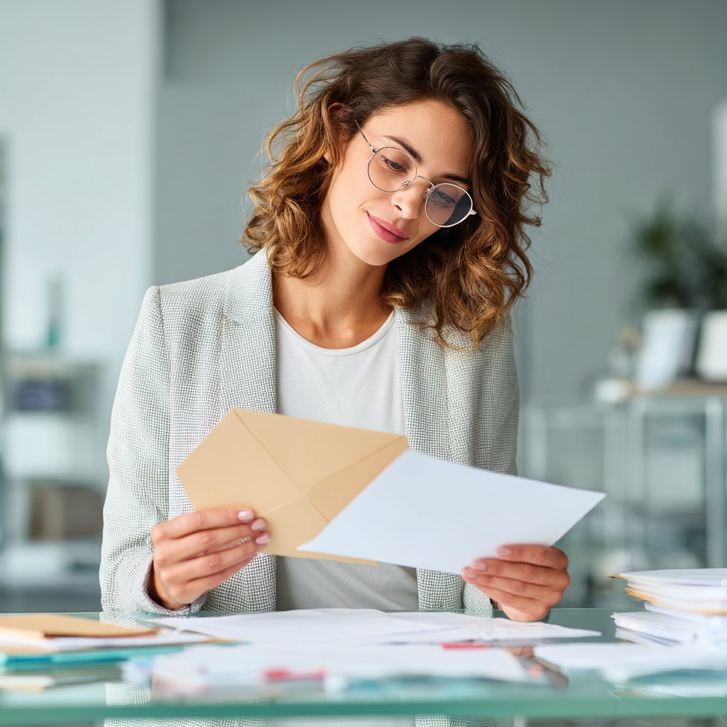 Изображение девушки, девушка держит в руках конверт и полученные документы из письма. Девушка сидит за столом