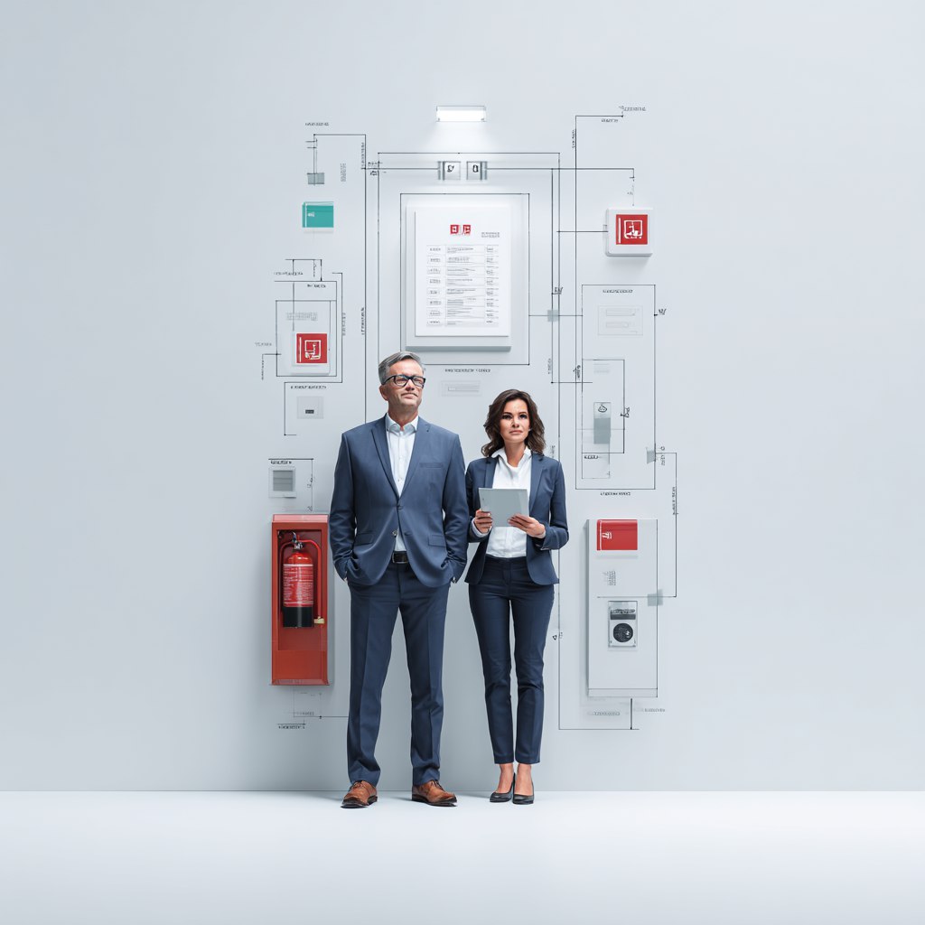 Изображение программы профессиональной переподготовки по пожарной безопасности: мужчина и женщина на фоне схемы элементов пожарной безопасности. Женщина держит документы, рядом символы пожарной безопасности и огнетушитель. Присвоение квалификации специалиста по пожарной профилактике