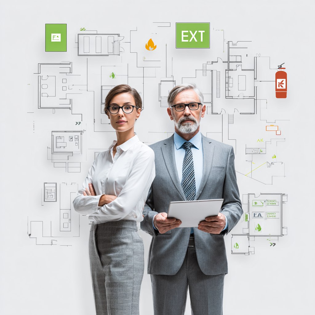 Профессиональная переподготовка по пожарной безопасности: мужчина и женщина на фоне плана эвакуации, мужчина с документами, символизирующими обучение руководителей и ответственных лиц по противопожарной профилактике.