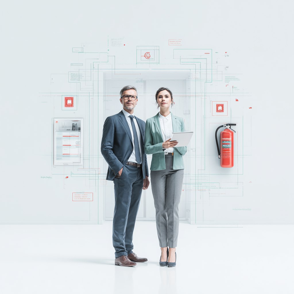 Деловые мужчина и женщина обсуждают пожарную безопасность на фоне символов пожарной безопасности и плана эвакуации, женщина держит документы в руках
