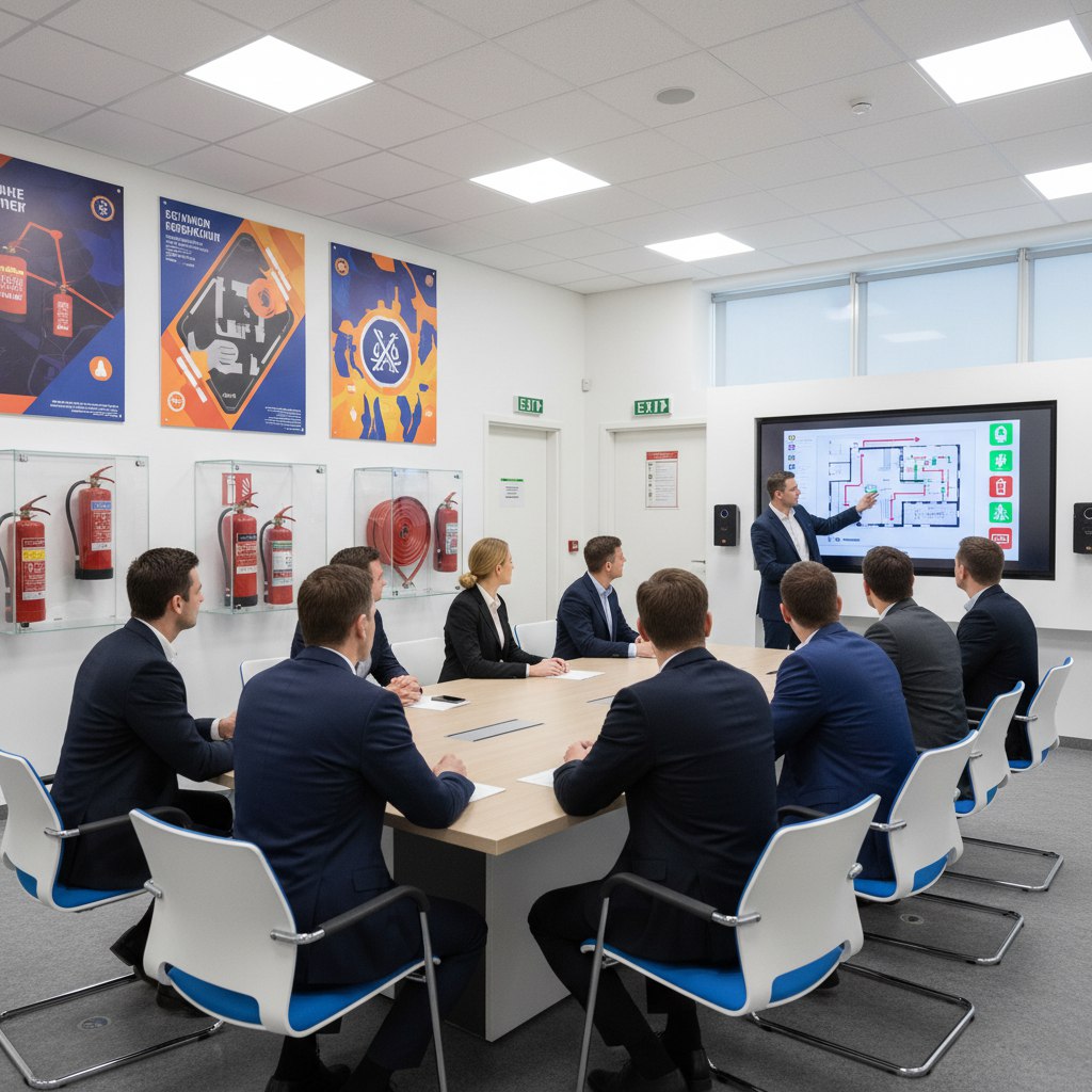 Обучение по пожарной безопасности в современном учебном центре: мужчины и женщины в деловой одежде участвуют в курсе переподготовки. Виден ряд оборудования для пожарной безопасности, включая огнетушители и планы эвакуации. Программа профессиональной переподготовки по пожарной безопасности.