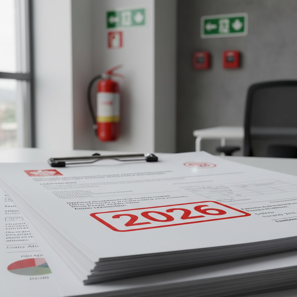 Изображение документов в сфере пожарной безопасности на 2026 год, на заднем плане огнетушитель и датчики систем пожарной безопасности