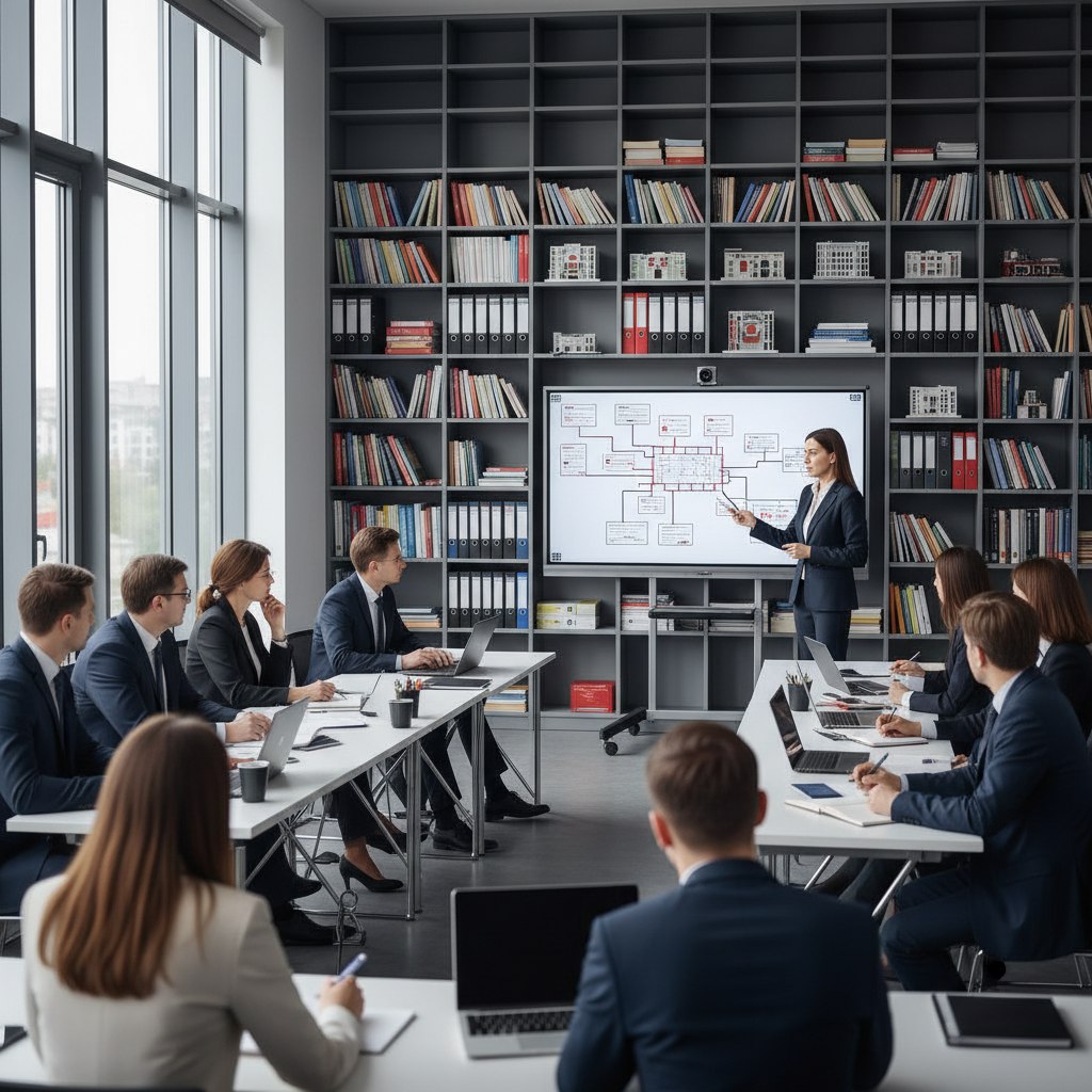 Фото обучения пожарной безопасности: лектор и слушатели обсуждают систему безопасности в современном учебном центре."