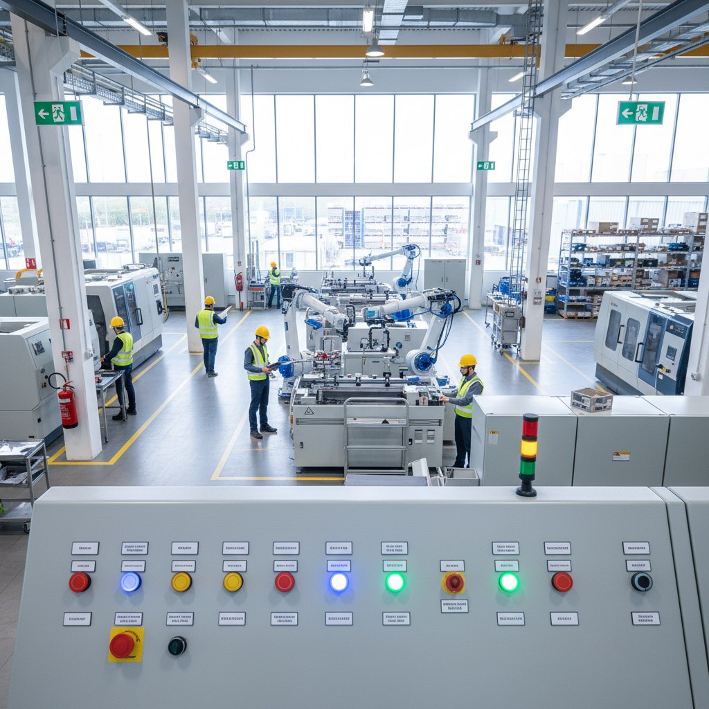 Изображение для программы повышения квалификации по пожарной безопасности: современное производство с мерами безопасности, демонстрирующими важность обучения.