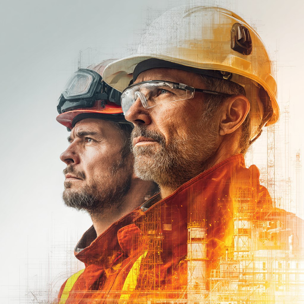 Фотореалистичный баннер, посвященный программе повышения квалификации в области пожарной безопасности для инженеров и технических специалистов. На переднем плане изображен профессионал с серьезным выражением лица, облаченный в защитную каску. Он внимательно смотрит на чертеж, демонстрируя сосредоточенность и внимание к деталям. На заднем плане виднеется современный индустриальный фон, включающий элементы системы пожарной сигнализации, что подчеркивает высокотехнологичную и безопасную рабочую среду. Композиция динамична, с удачно расставленными акцентами, которые привлекают внимание к сути обучения. Свет "золотого часа" создаёт теплую и приятную атмосферу, придавая изображению глубину и контраст. Высокая детализация и четкий фокус на ключевых элементах вызывают ощущение профессионализма и надежности.