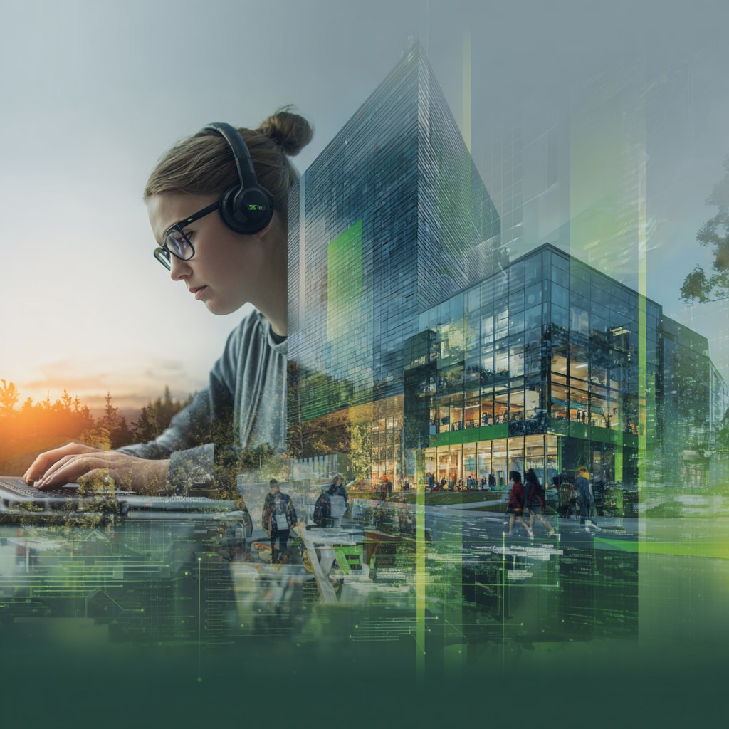 Изображение ноутбука с открытой тетрадью и конспектом на столе, книги и чашка кофе рядом, очки лежащие на столе, вид из окна на Амурский залив, карта России на заднем плане.