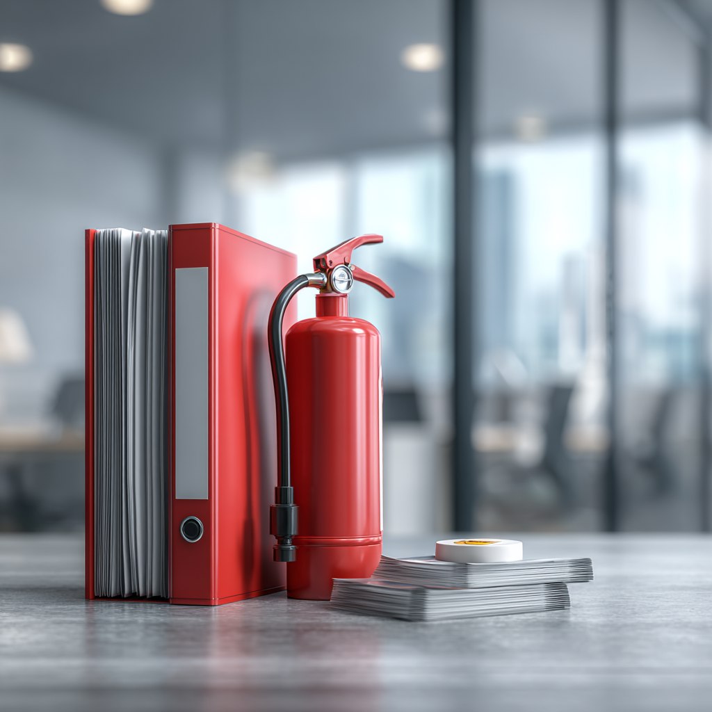 Пожарная безопасность: папка с документами, огнетушитель и датчик дыма в офисе. Alt-текст для продвижения комплекта шаблонов документов по пожарной безопасности.