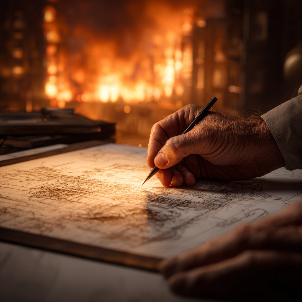 Горящее здание на фоне чертежа: цена ошибки в проектировании пожарной безопасности.