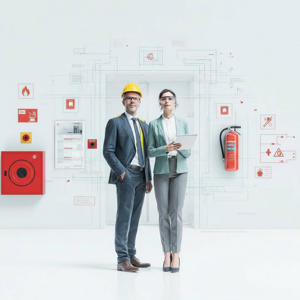 Профессиональный мужчина в костюме и каске и женщина в деловом костюме стоят перед дверью с цифровыми схемами и элементами систем пожарной безопасности на белом фоне. Изображение иллюстрирует тему повышения квалификации специалистов производственного профиля в области охраны труда и пожарной безопасности.