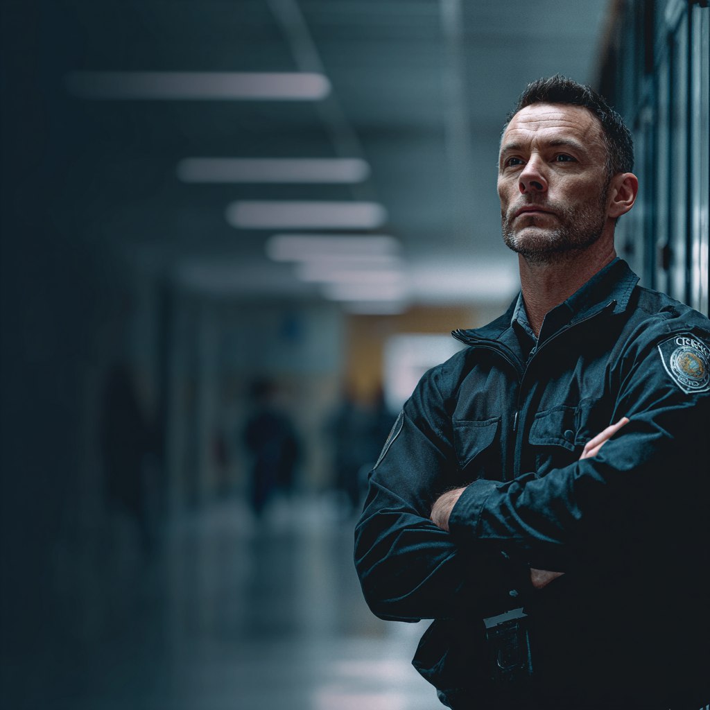 Баннер для вебинара о безопасности в школе: фотореалистичное изображение охранника в школьном коридоре, передающее ощущение безопасности и защиты.