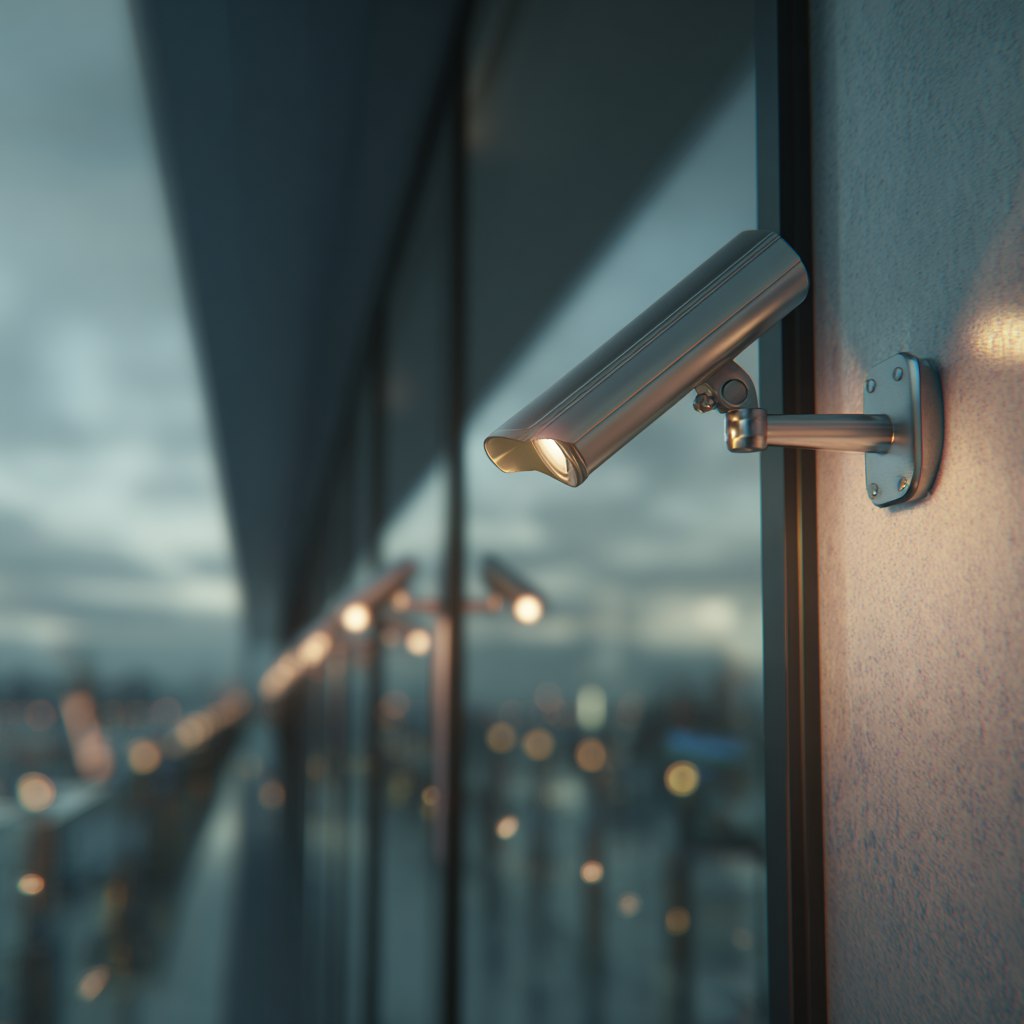 Фото современного фасада здания с акцентом на установленную камеру видеонаблюдения. Подчеркивает внимание к безопасности и контролю на объекте. Спокойные тона, профессиональный ракурс