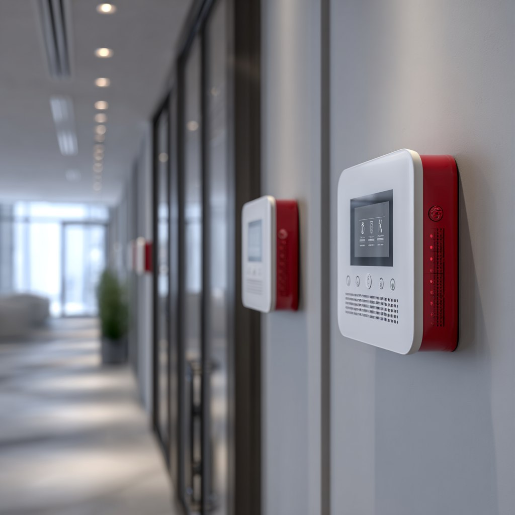 Современная система пожарной безопасности в офисном помещении: высокотехнологичное оборудование, включая сенсорную панель управления, потолочные датчики дыма и автоматизированную систему оповещения. Профессиональная установка противопожарных устройств в стильном интерьере бизнес-центра. Изображение демонстрирует надежность и эффективность современных технологий противопожарной защиты