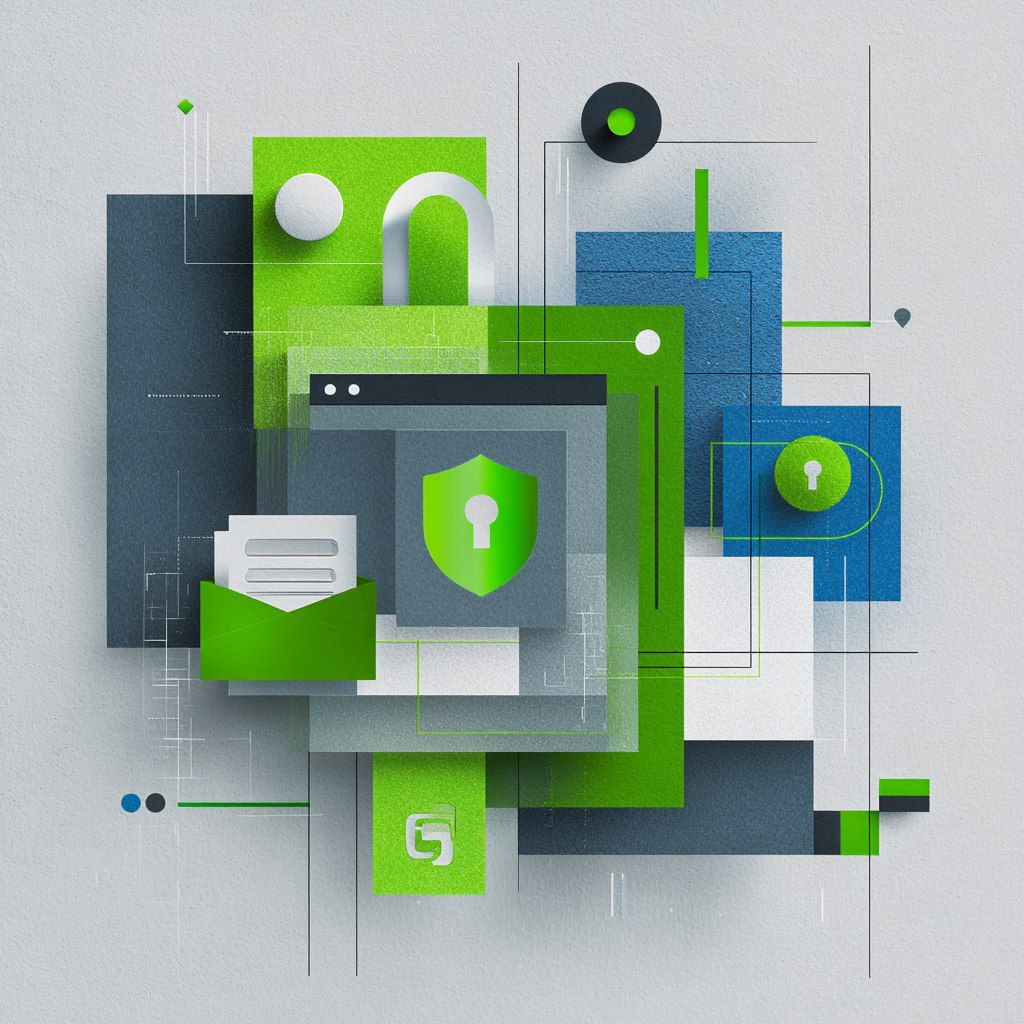 Профессиональный баннер, демонстрирующий цифровизацию процессов в сфере пожарной безопасности: стилизованное изображение портала «Госуслуги» в зеленом корпоративном цвете, абстрактные геометрические формы, символизирующие безопасность и надежность, цифровые элементы защиты, иконки документов и символы пожарной безопасности. Композиция выполнена в современном деловом стиле с использованием зеленого, серого и белого цветов, создающая атмосферу технологичности и профессионализма