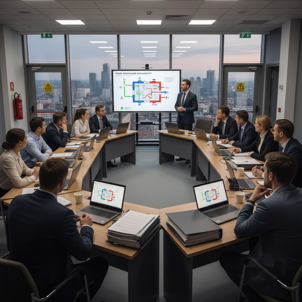 Обучение по пожарной безопасности: современный учебный класс, слушатели изучают схемы эвакуации и правила противопожарной защиты.