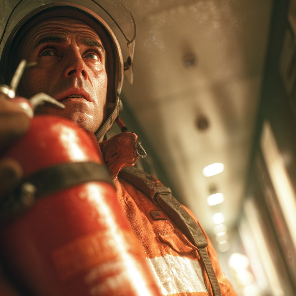  Изображение пожарного, проверяющего огнетушитель, символизирует важность соблюдения правил пожарной безопасности (для статьи о новых правилах).