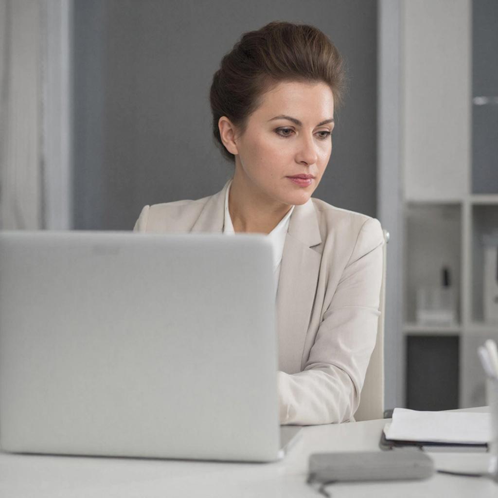 Изображение женщины в белой рубашке, за столом на рабочем месте в кабинете