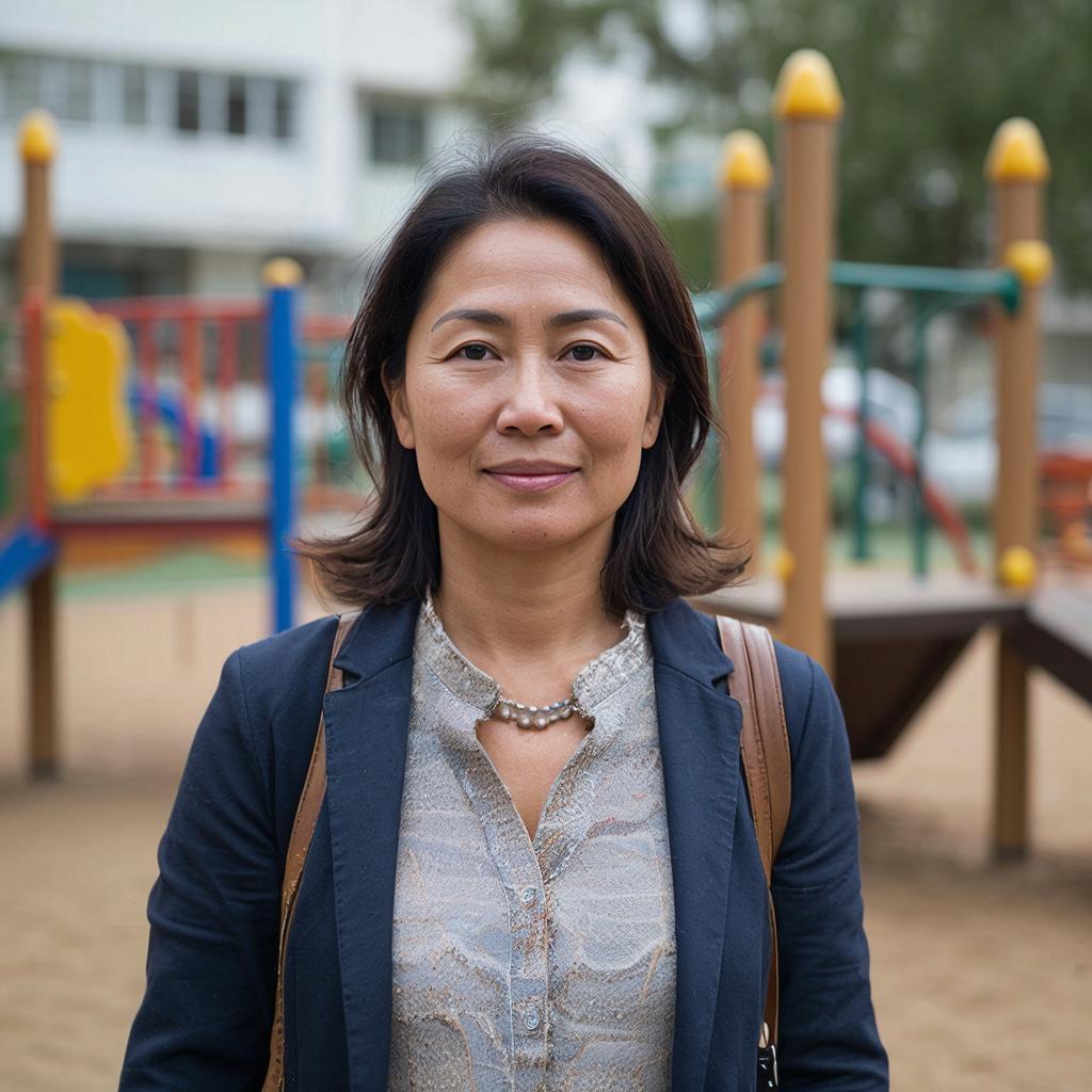 Изображение женщины, женщина стоит. На заднем фоне изображена детская площадка детского сада