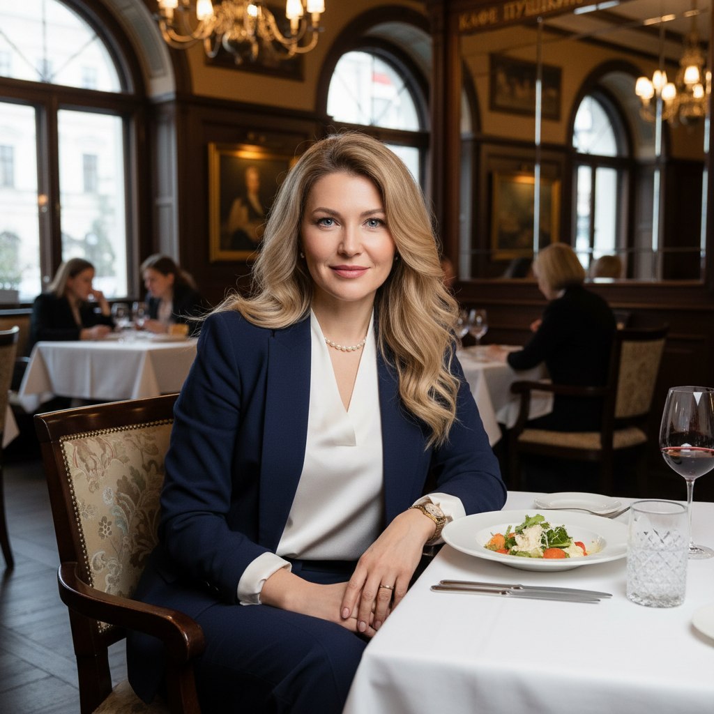Изображение женщины в белой блузке и синем пиджаке, сидит за столом в ресторане