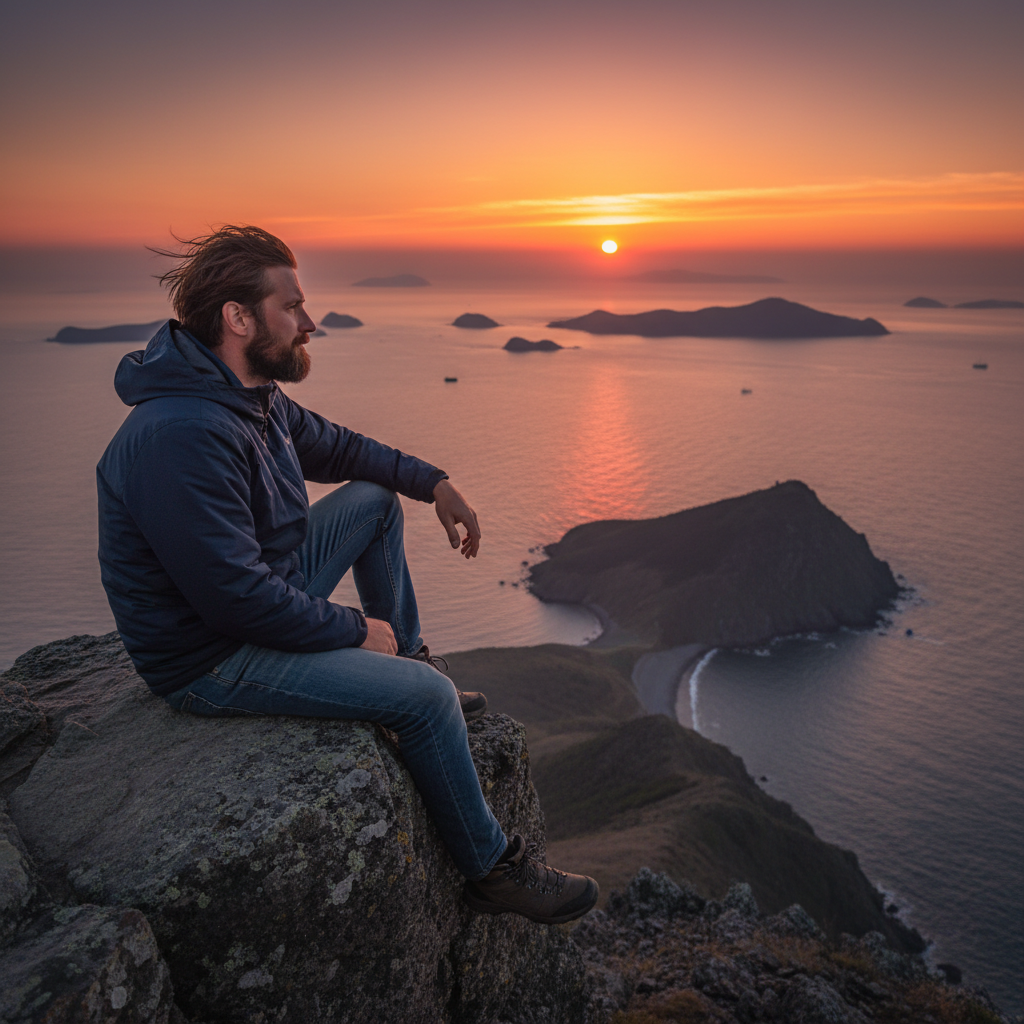 Изображение мужчины, который сидит боком на краю скалы на фоне заката над морем