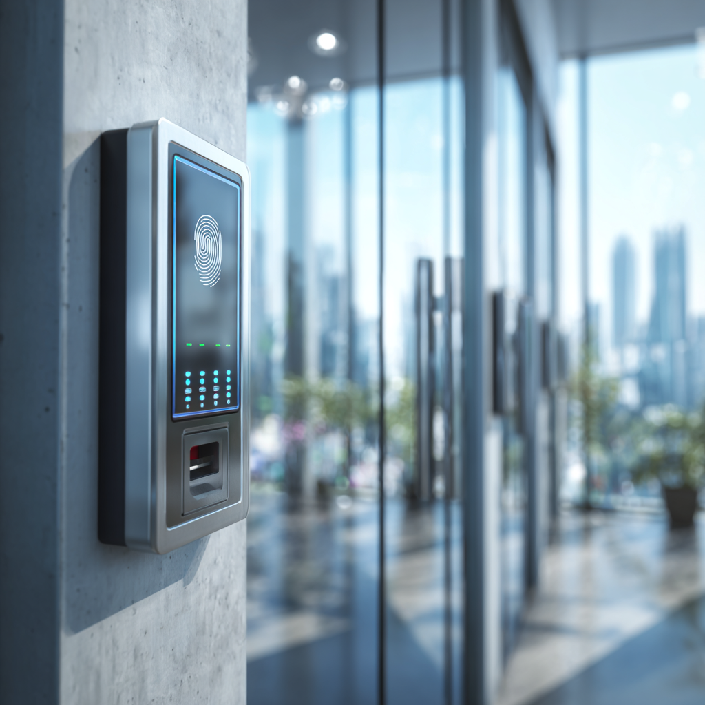 Современный биометрический терминал контроля доступа, закреплённый на бетонной стене рядом со стеклянными дверями офисного здания. Устройство оснащено сенсорным экраном для отображения статуса и считывателем карт под сканером отпечатков пальцев.