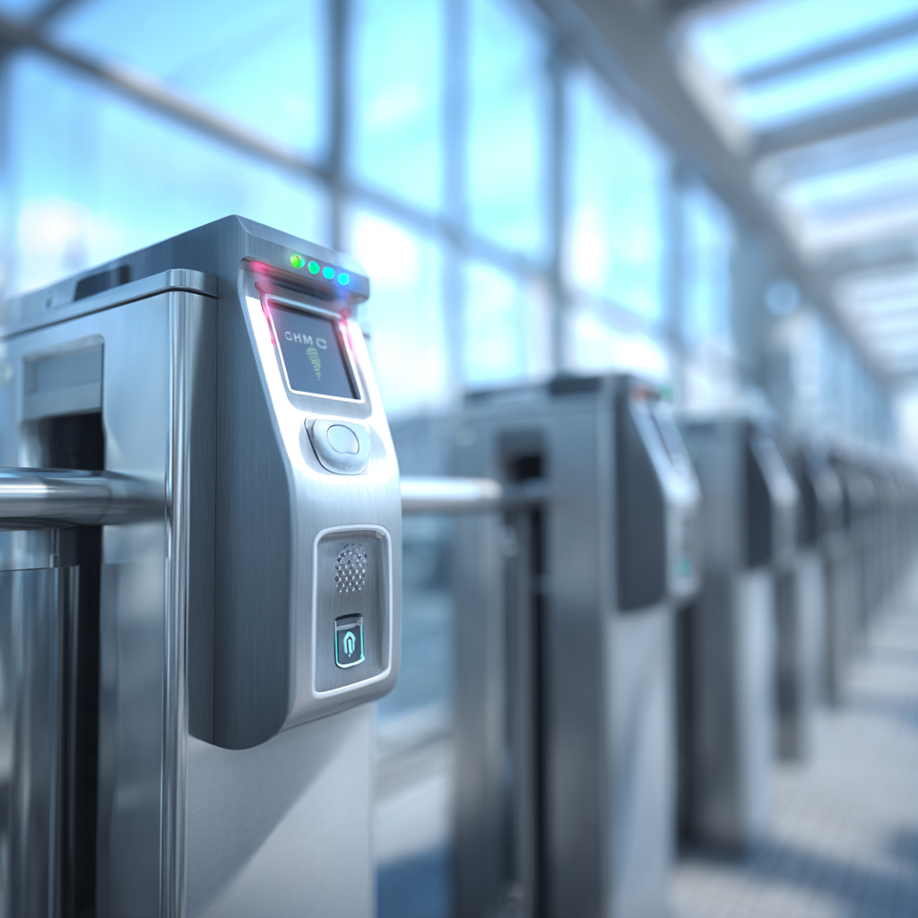 Современный турникет системы контроля доступа с сенсорным экраном, индикаторами состояния (зелёные и красные светодиоды) и кнопкой подтверждения. Устройство установлено в светлом коридоре с большими панорамными окнами, создающими ощущение простора и безопасности.