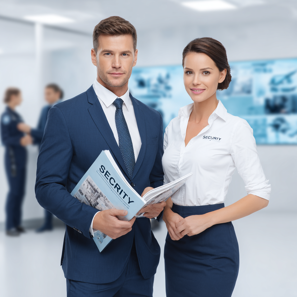 Команда специалистов по безопасности демонстрирует информационный материал. Мужчина в классическом деловом стиле держит брошюру «SECURITY», рядом с ним — сотрудница в униформе службы безопасности. Фон с мониторами подчёркивает технологичность и профессионализм команды.