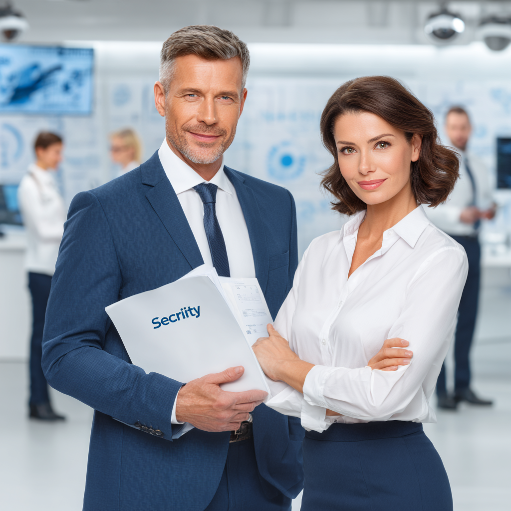 Команда специалистов по безопасности демонстрирует информационный материал. Мужчина в классическом деловом стиле держит брошюру «SECURITY», рядом с ним — сотрудница в униформе службы безопасности. Фон с мониторами подчёркивает технологичность и профессионализм команды.