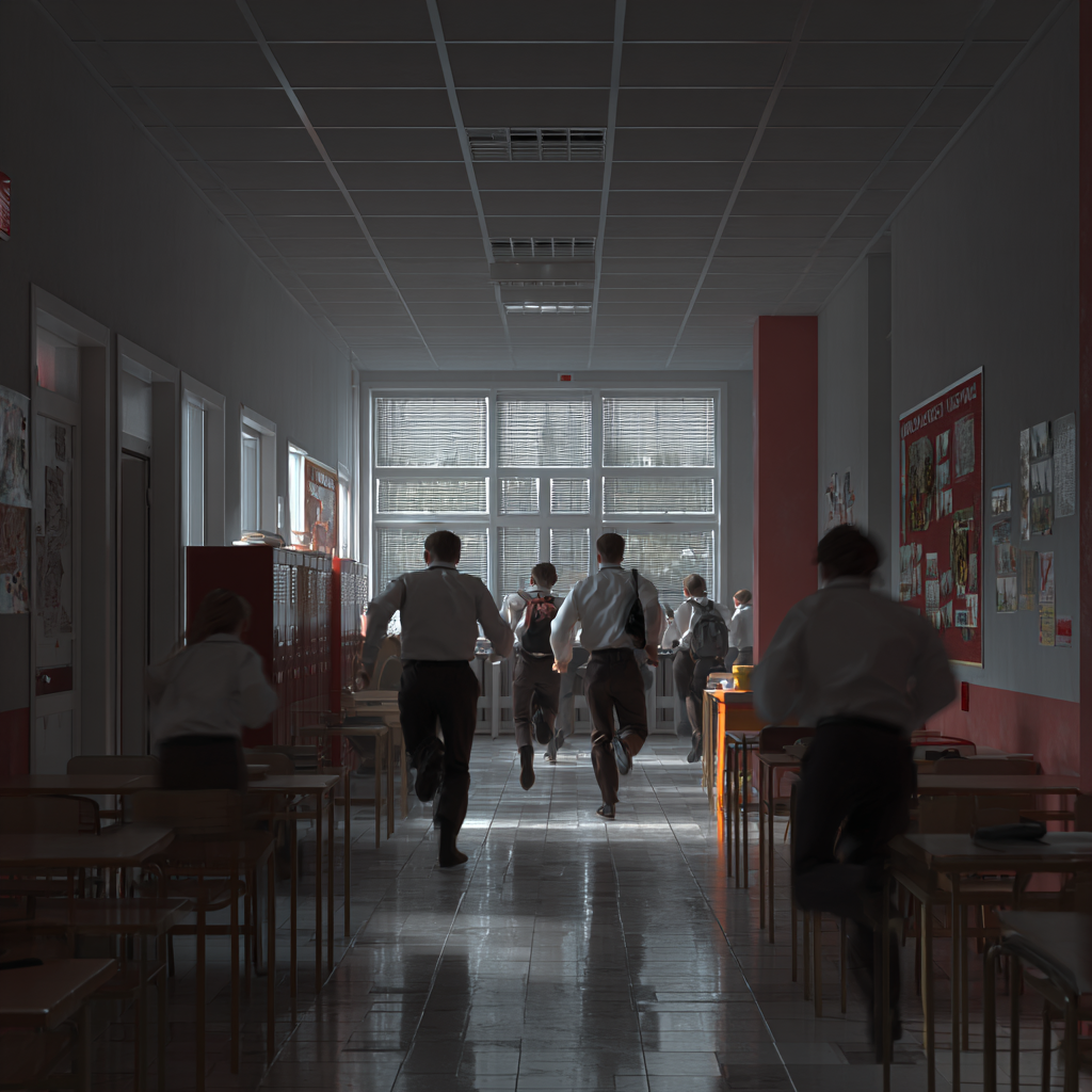 Школьный коридор с бежащими учениками, создающий ощущение динамики и напряжения, символизирующее важность быстрого реагирования и безопасности в учебных заведениях.