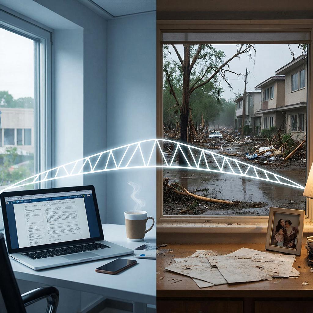 Разделённый экран: слева — рабочее место с монитором, документами, телефоном и чашкой кофе; справа — домашняя обстановка с документами и фотографией семьи, за окном видны последствия небольшого урагана. Между двумя частями проходит светящийся элемент, символизирующий гарантию закона. В рабочей зоне освещение холодное и яркое, в домашней — тёплое и приглушённое.