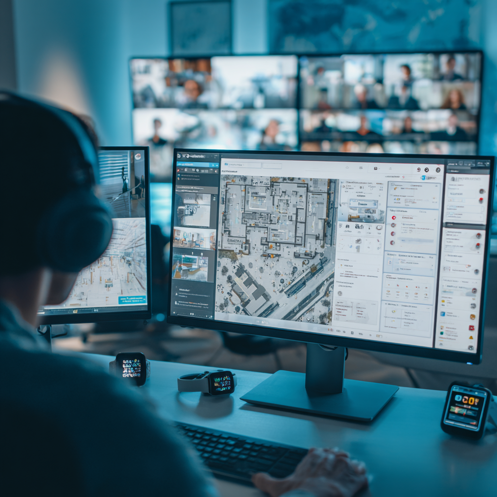 Вебинар по пожарной безопасности будущего: участник за двумя мониторами, смарт‑часы с уведомлением на столе.