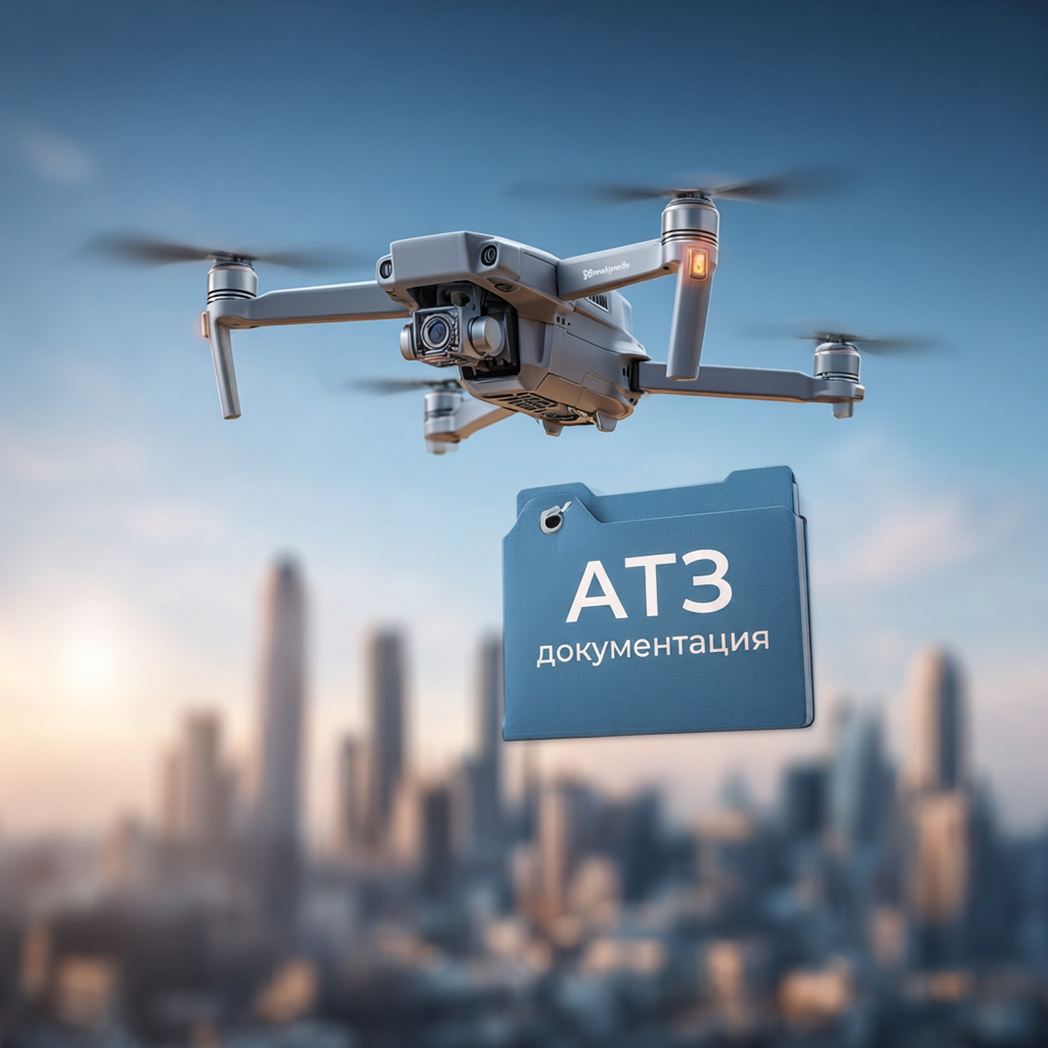 Фотореалистичное изображение дрона, зависшего над городской застройкой на фоне закатного неба. Под дроном расположен синий файл с надписью „АТЗ документация“, символизирующий важность документирования мер защиты от беспилотников.