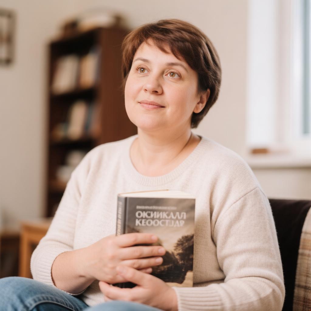 Женщина около 35 лет с тёмными волосами сидит, держа в руках книгу. Она одета в повседневную одежду. Выражение лица спокойное и задумчивое. 