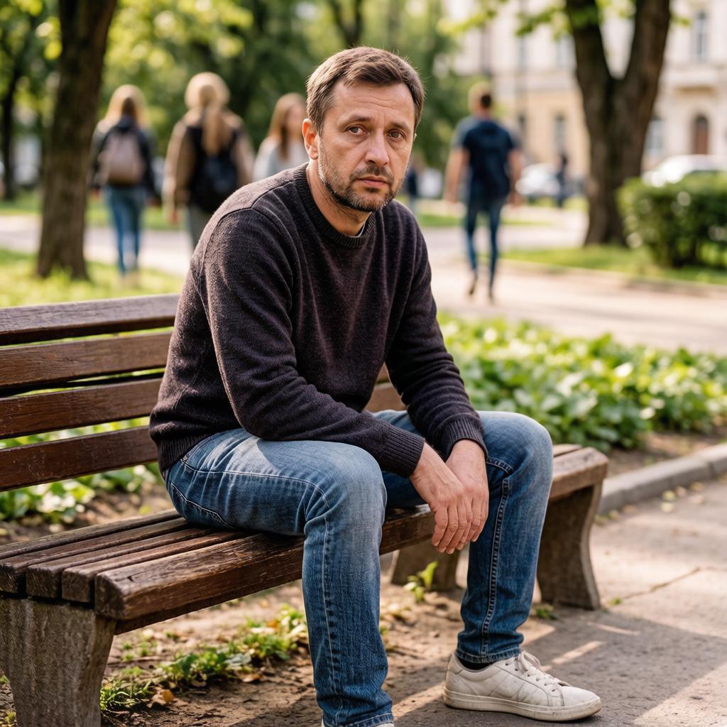 Мужчина 45 лет в парке. На снимке обычный парень в повседневной одежде: джинсах, тёмно-сером свитере и белых кроссовках. Сидит на деревянной лавочке, слегка наклонив корпус вперёд. Взгляд внимательный, немного задумчивый. На лице лёгкая щетина и небольшая небритость. Фон размыт: видно зелёные листья деревьев, солнечные блики и прохожих в глубине парка.