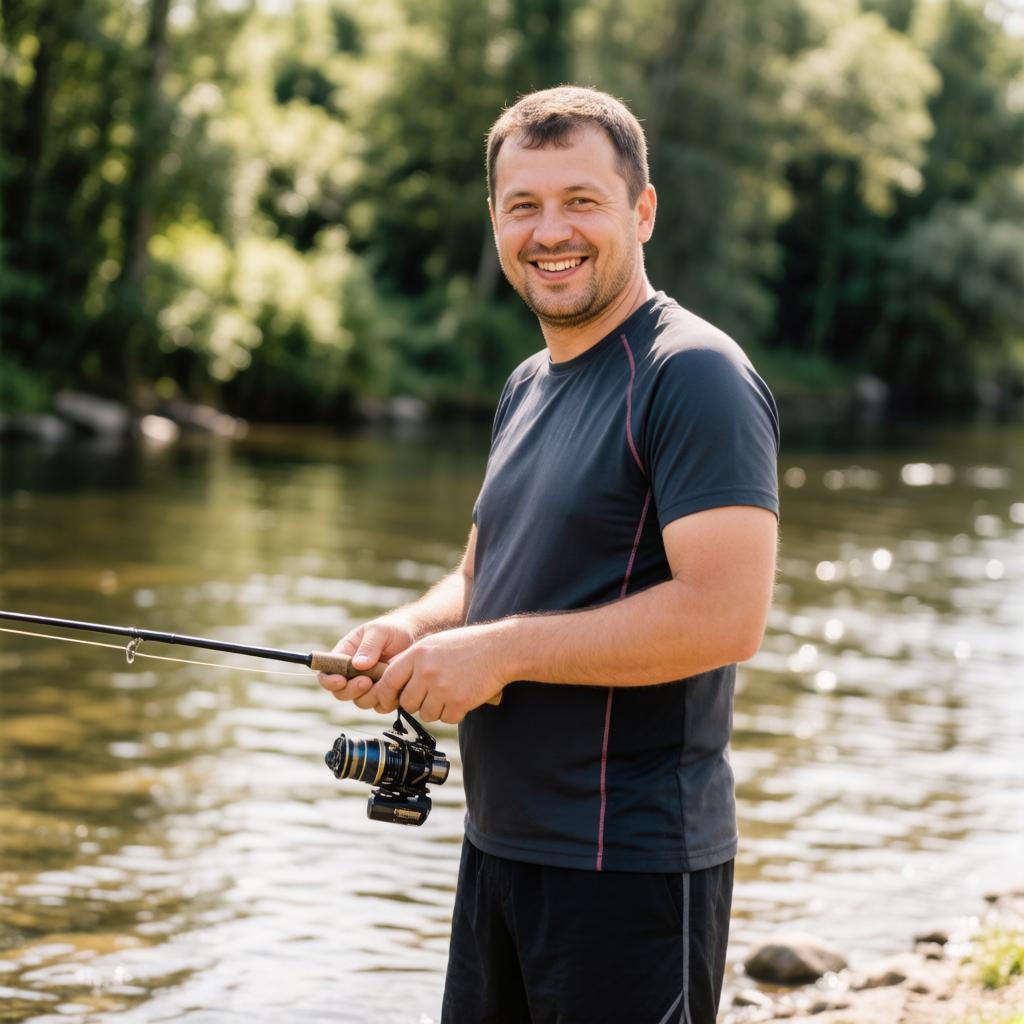 Мужчина около 40 лет в спортивном костюме стоит на берегу водоёма. Он улыбается, глядя на воду. Рядом лежат рыболовные снасти, а позади — густой лес. Солнечный свет создает теплые оттенки на коже и воде. Мужчина выглядит бодрым и позитивным, несмотря на небольшую полноту.