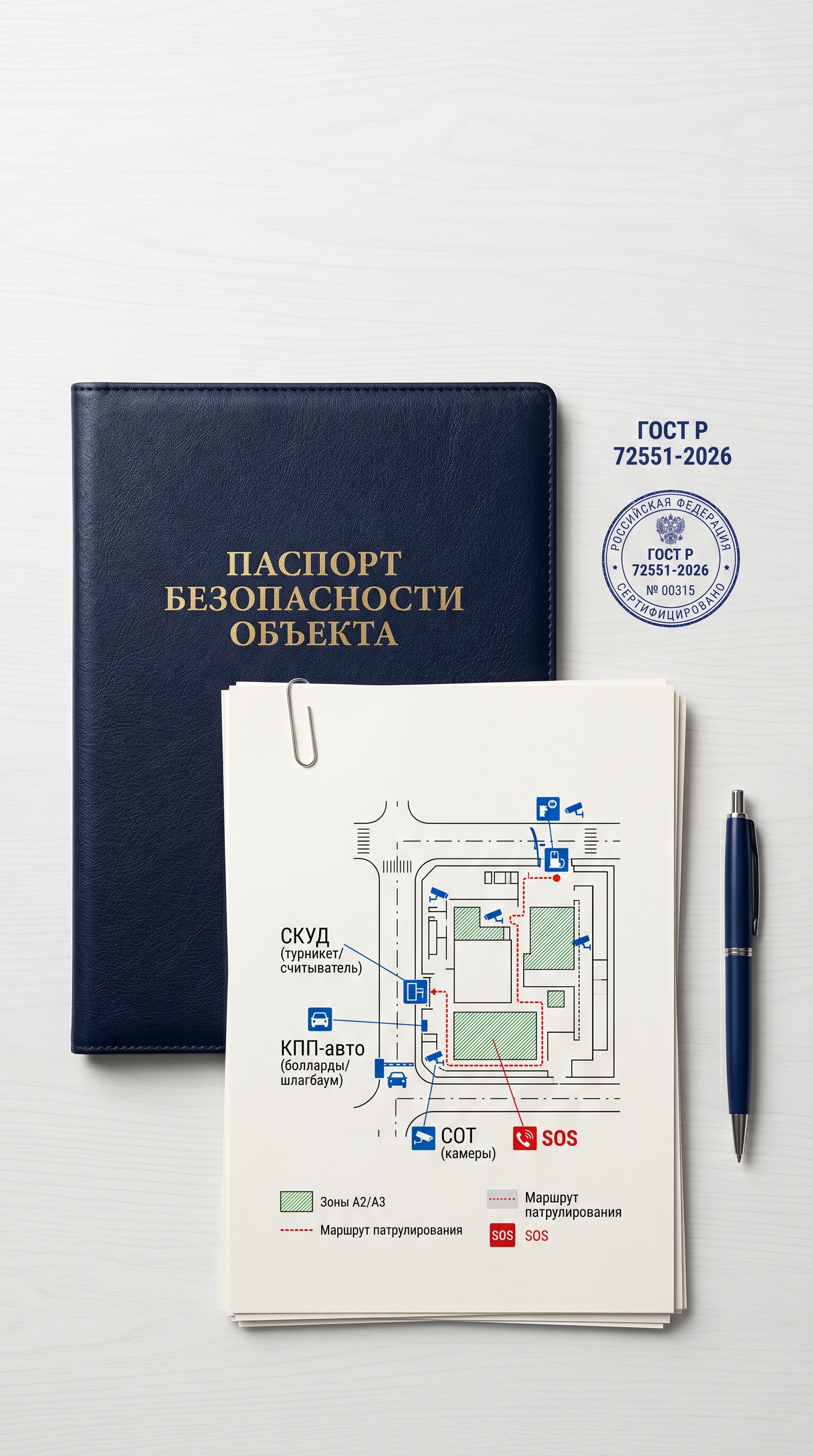 На фото — готовый паспорт безопасности объекта.    Справа лежит черная кожаная папка с золотистым тиснением: «Паспорт безопасности объекта». На обложке указан номер госстандарта — ГОСТ Р 72551-2026.    Рядом — распечатанная схема объекта. На ней отмечены:  Контрольно-пропускные пункты (турникеты, шлагбаумы, ворота). Система охранного телевидения (видеокамеры). Маршрут патрулирования (красная пунктирная линия). Кнопка экстренного вызова (SOS). Зоны с разным уровнем допуска (зеленые квадраты). Внизу — синяя шариковая ручка. Все вместе это формирует образ надежного подхода к безопасности.  