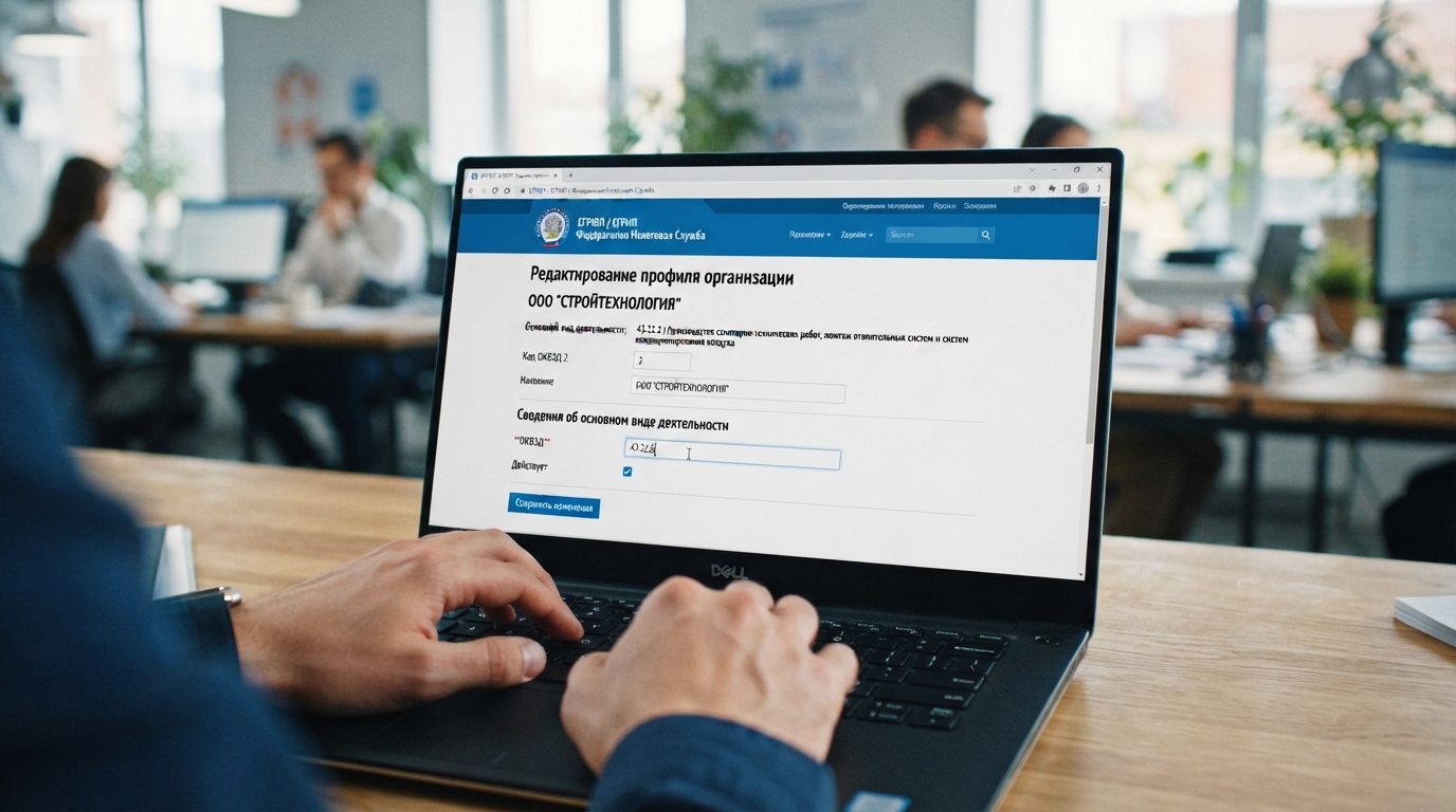Человек работает за ноутбуком в офисе, на экране открыта форма редактирования профиля организации на портале Налоговой службы.