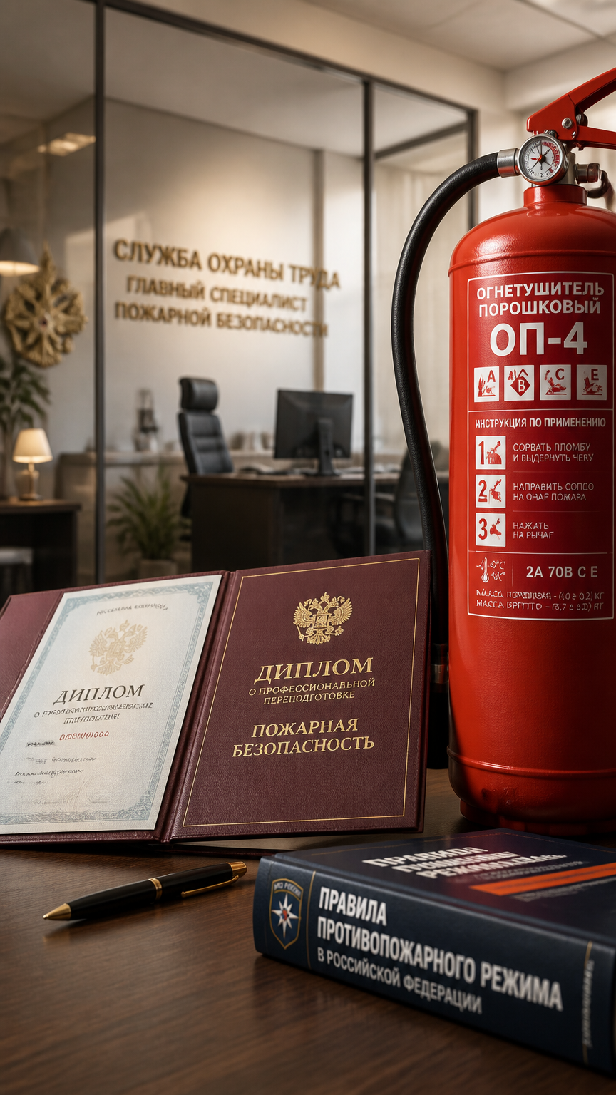На фотографии изображён рабочий стол Главного специалиста по пожарной безопасности. На столе лежат открытый диплом о профессиональной переподготовке в области пожарной безопасности, книга с правилами противопожарного режима и ручка. Рядом стоит огнетушитель ОП-4 красного цвета. В фоне размыто видна надпись «Служба охраны труда Главный специалист пожарной безопасности».