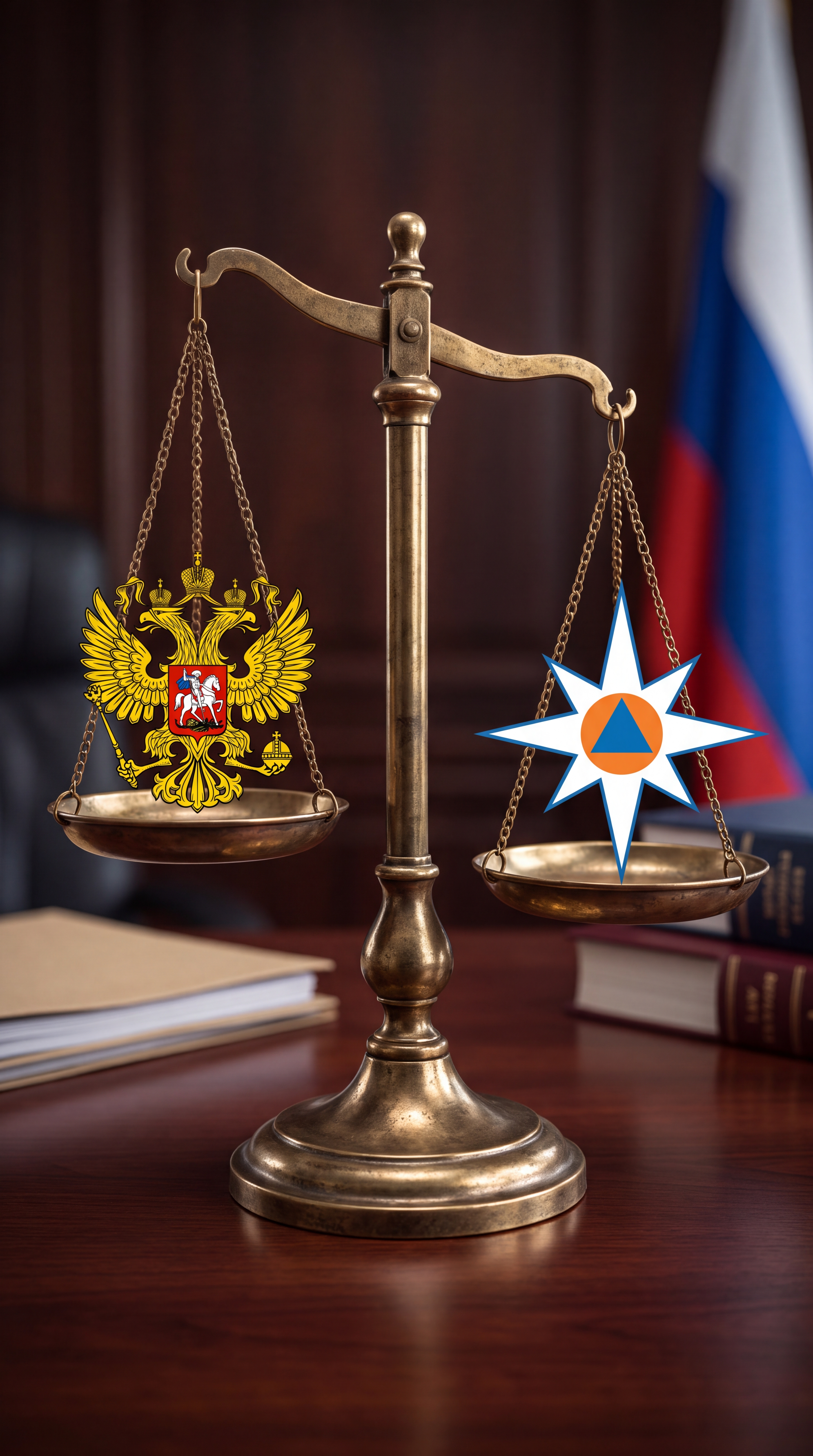 Латунные весы на деревянном столе: на левой чаше расположен герб РФ, на правой — эмблема МЧС России. На фоне размытый российский флаг и книги.