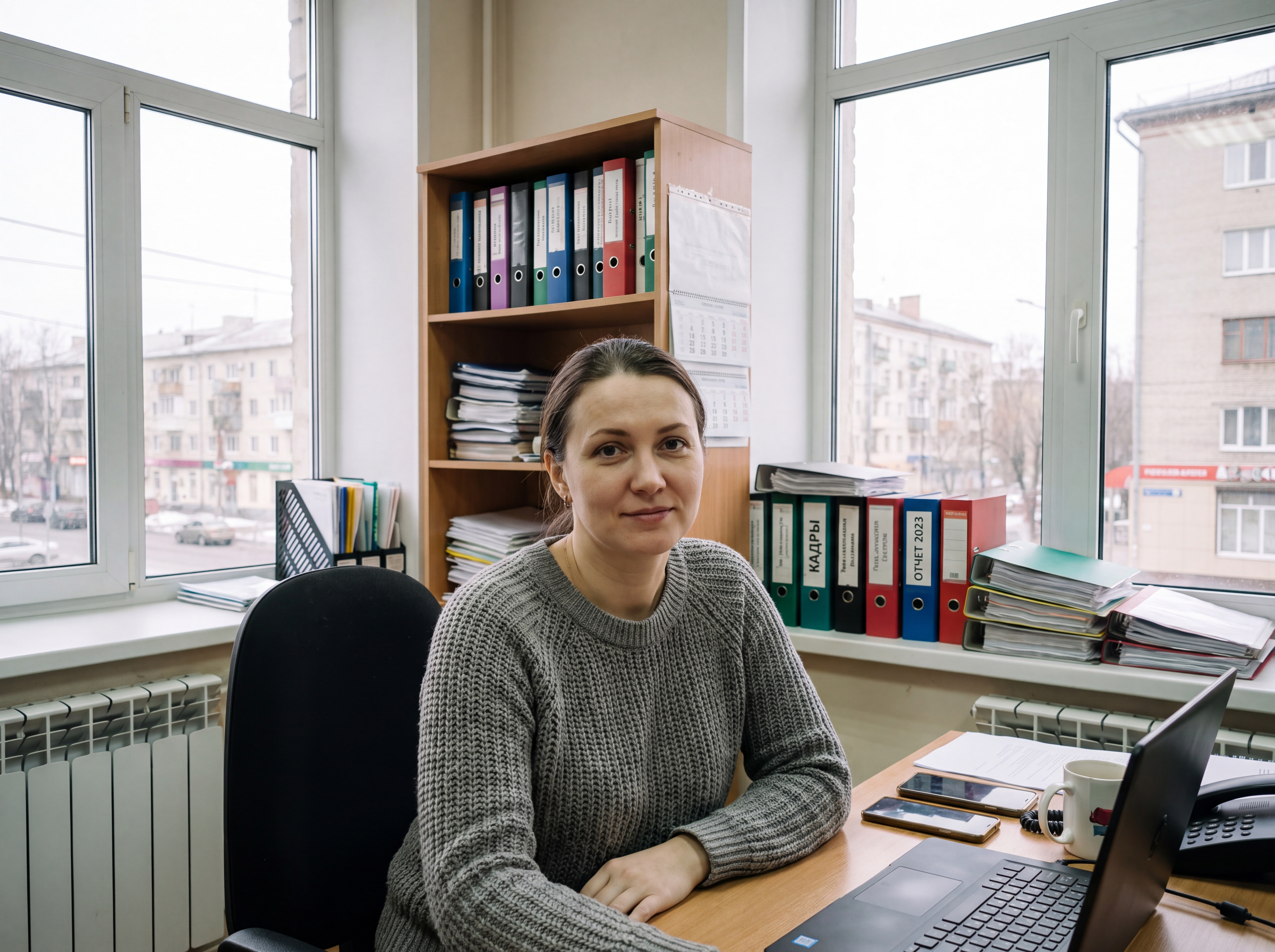 Изображение женщины в сером свитре в кабинете за рабочим столом